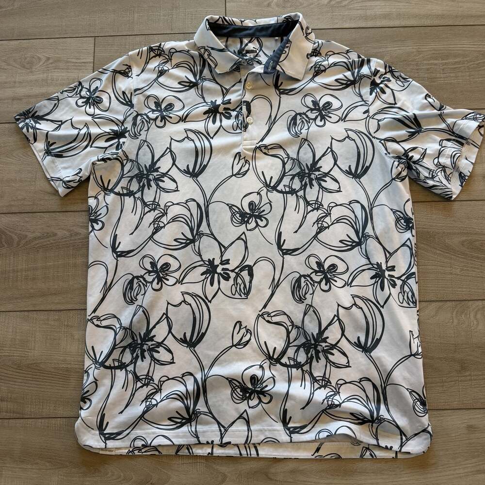 Puma Golf Polo Shirt Mens L White Black Floral